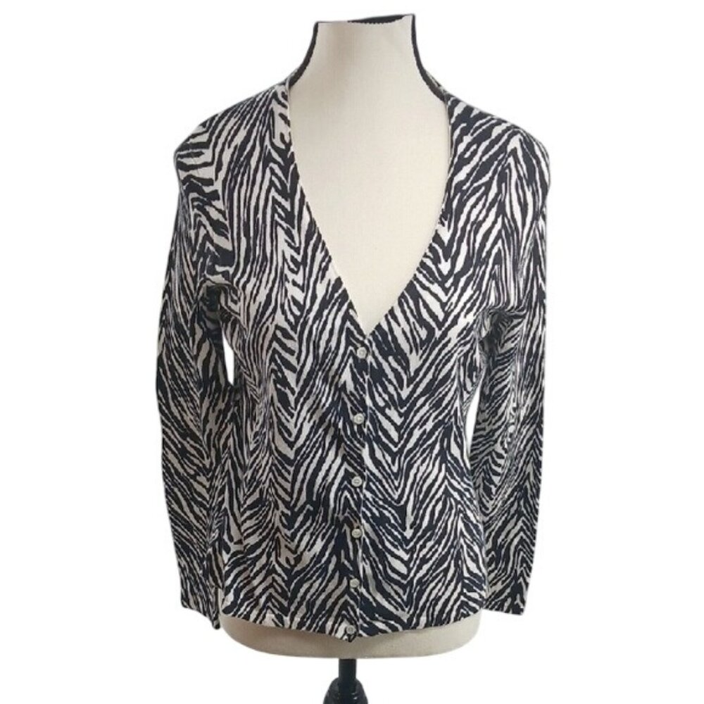 Ann Taylor Cardigan Sweater Womens Size MP Zebra Print Button Front Long Sleeve